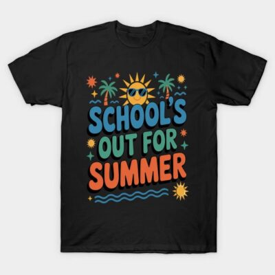 Black t-shirt with colorful "School's Out for Summer" graphic, featuring sun and palm tree design. Perfect for casual wear.
