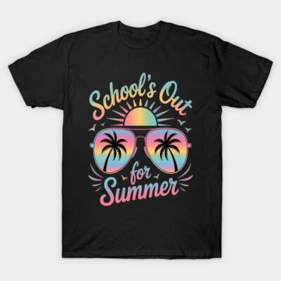 Black t-shirt with colorful "School's Out for Summer" print, featuring sunglasses and palm tree design, casual summer wear.