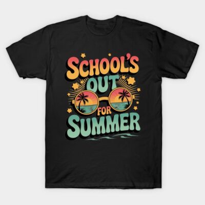 Black t-shirt with "School's Out for Summer" graphic in vibrant colors, featuring sunglasses and palm trees, casual wear.
