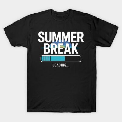 Black t-shirt with "Summer Break Loading" graphic in white and blue, casual summer wear, cotton material.
