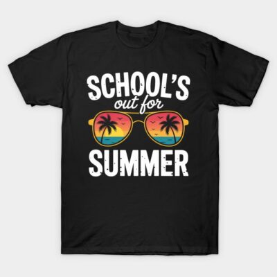 Black t-shirt with "School's Out for Summer" graphic, featuring colorful sunglasses and palm trees. Casual summer wear.
