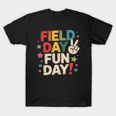 Black T-shirt with colorful "Field Day Fun Day" text and star design, casual style, cotton material.