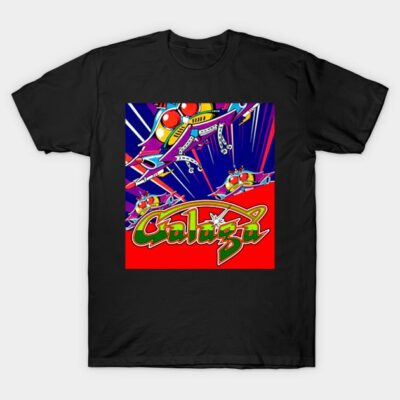 Black t-shirt featuring colorful retro spaceship graphic design, perfect for gaming enthusiasts and casual wear.