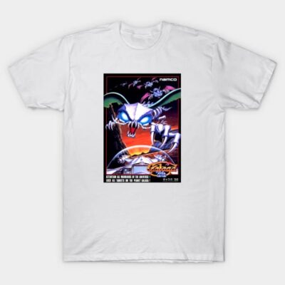 White cotton t-shirt featuring a colorful retro arcade game design, ideal for casual wear and gaming enthusiasts.