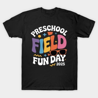 Black "Preschool Field Fun Day 2025" t-shirt with colorful text and playful design, ideal for kids' events.