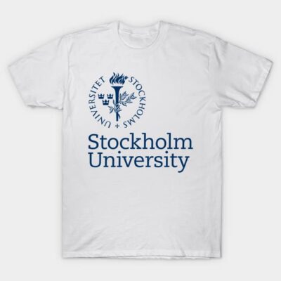 White T-shirt with blue Stockholm University logo, casual style, unisex, 100% cotton, perfect for everyday wear.