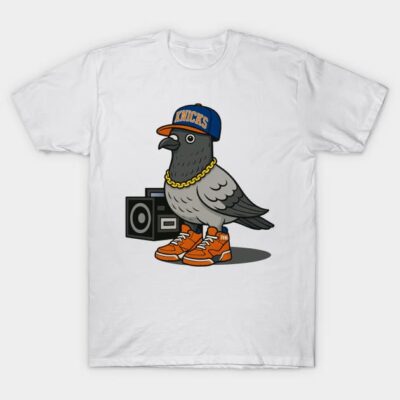 White t-shirt with pigeon graphic wearing cap, chain, and sneakers, holding a boombox. Casual street style design.