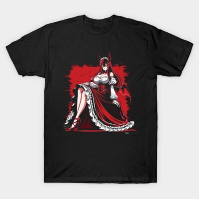 Black t-shirt with anime-style red and white character design, cotton material, casual wear, graphic tee for fans.