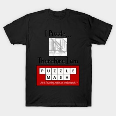 Black T-shirt with "I Puzzle Therefore I Am" graphic, ideal for puzzle enthusiasts, casual wear, cotton material.