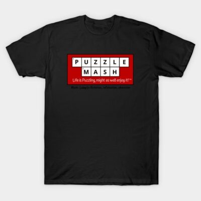 Black T-shirt with "Puzzle Mash" graphic, red and white design, casual wear, cotton material, perfect for puzzle enthusiasts.