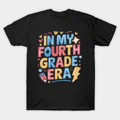 Black t-shirt with colorful "In My Fourth Grade Era" graphic, casual style, cotton material, perfect for schoolwear.