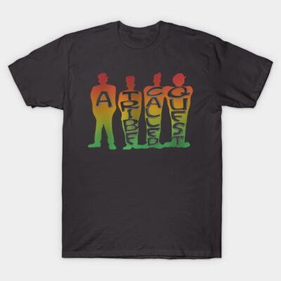 Black t-shirt with colorful silhouette design featuring bold text. Casual wear, cotton material, unisex style.