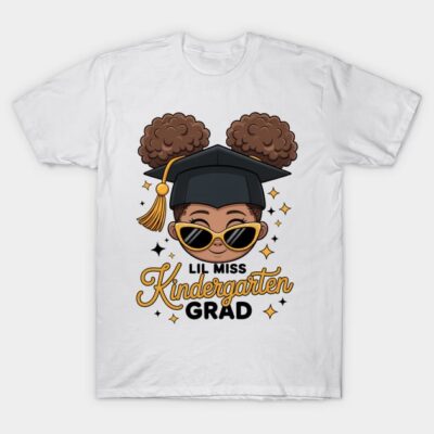 White t-shirt featuring "Lil Miss Kindergarten Grad" design with sunglasses and graduation cap illustration.