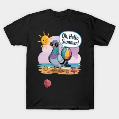 Black t-shirt with colorful summer beach graphic featuring a pigeon, sun, and seashells, casual cotton wear.