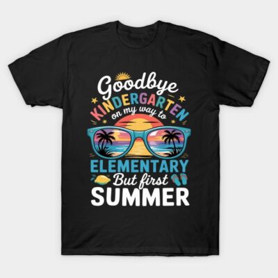 Black t-shirt with colorful "Goodbye Kindergarten, Hello Elementary" summer-themed design featuring sunglasses.
