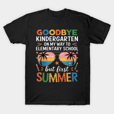 Black t-shirt with colorful "Goodbye Kindergarten, Hello Elementary" summer-themed design featuring sunglasses.