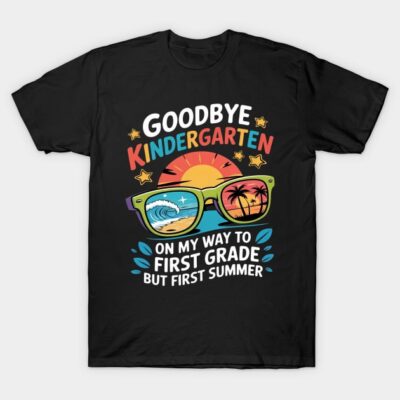 Black t-shirt with colorful "Goodbye Kindergarten" design featuring sunglasses, sun, and palm trees for kids.