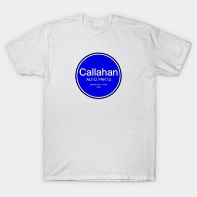 White cotton t-shirt with blue Callahan Auto Parts logo, casual wear, unisex design, perfect for everyday use.
