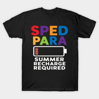 Black T-shirt with colorful text "SPED PARA" and battery graphic, cotton material, casual summer style.