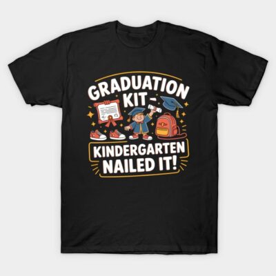 Black T-shirt with colorful "Graduation Kit Kindergarten Nailed It" graphic, ideal for school celebrations.
