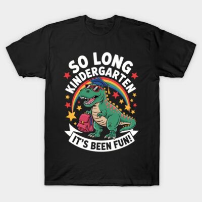 Black t-shirt with colorful dinosaur design, "So Long Kindergarten" text, ideal for graduation, casual wear.