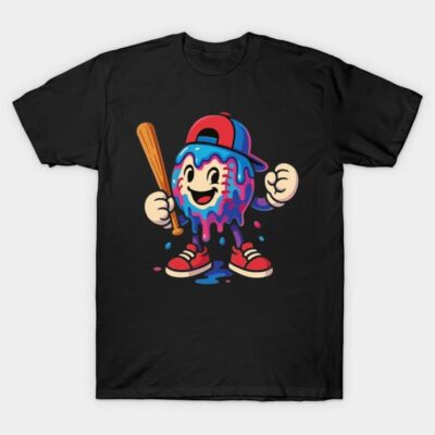 Black t-shirt with colorful baseball cartoon design, featuring a bat and sneakers, perfect for casual wear.