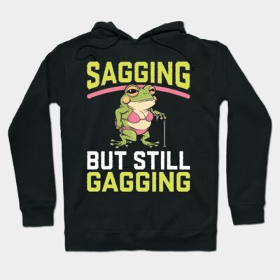 Black hoodie with humorous frog graphic and text, casual wear, cotton blend, unisex design, perfect for cool weather.