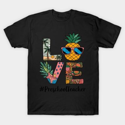 Black T-shirt with colorful "LOVE" design featuring tropical theme and #PreschoolTeacher text, perfect for casual wear.