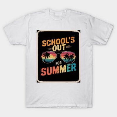 White t-shirt with "School's Out for Summer" graphic, featuring colorful sunglasses and palm trees, casual summer wear.