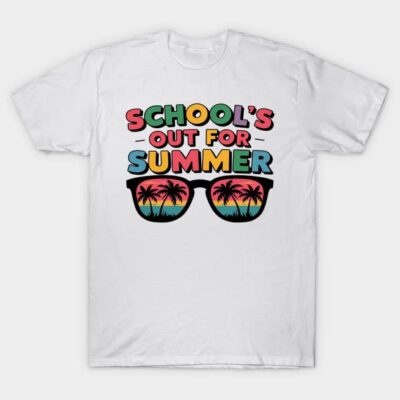 White t-shirt with "School's Out For Summer" text and sunglasses graphic, colorful design, casual summer wear.