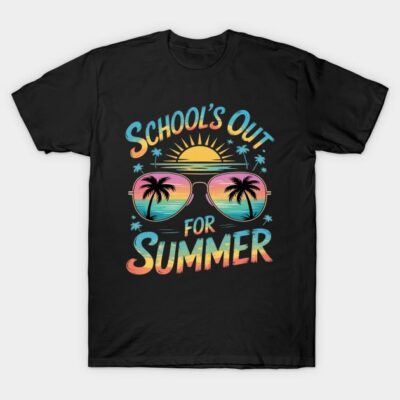 Black t-shirt with "School's Out for Summer" graphic, featuring colorful sunset and palm trees, casual summer wear.