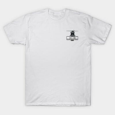 White cotton t-shirt with "Merlin" helicopter graphic, casual wear, unisex design, perfect for everyday comfort.