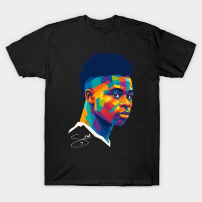 Black cotton t-shirt featuring colorful geometric portrait design, casual style, perfect for everyday wear.