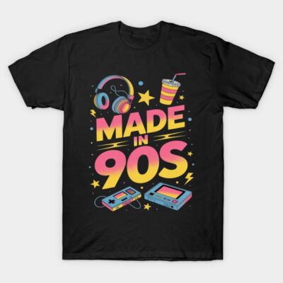 Black t-shirt with colorful "Made in 90s" graphic, retro style, featuring headphones, drink, and game consoles.