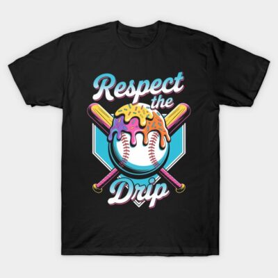Black T-shirt with colorful "Respect the Drip" baseball design, featuring bats and vibrant graphics. Casual sportswear.