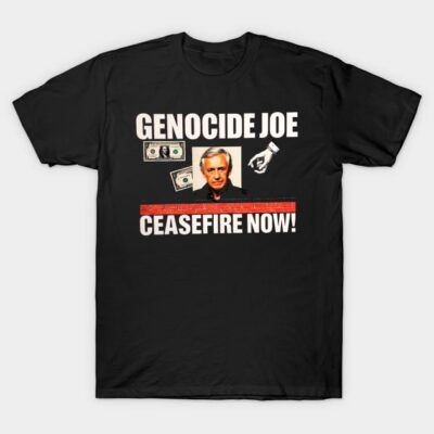 Black cotton T-shirt with bold political statement graphic design, featuring text and imagery, casual wear.