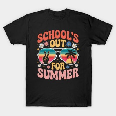 Black "School's Out for Summer" T-shirt with colorful sunglasses graphic, casual summer style, cotton material.