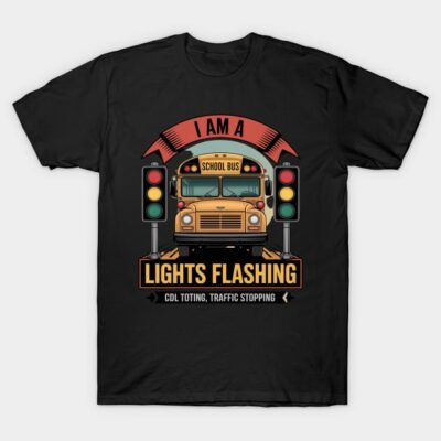 Black cotton t-shirt with school bus graphic and "Lights Flashing" text, ideal for casual wear.