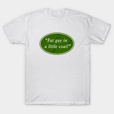 White cotton t-shirt with green oval graphic and musical notes, featuring the text "Fat guy in a little coat!"
