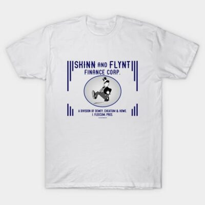 White graphic T-shirt featuring "Shinn and Flynt Finance Corp" design, casual wear, cotton material.