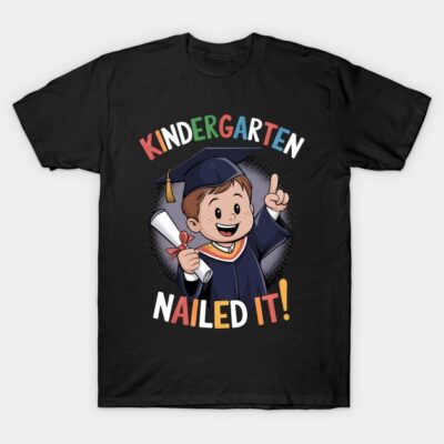 Black t-shirt with colorful "Kindergarten Nailed It" design, featuring a cartoon graduate. Perfect for celebrations.