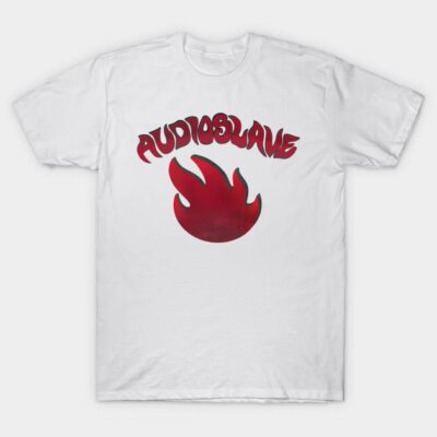 White cotton t-shirt with red flame graphic and bold text, casual wear, unisex, music-themed design.