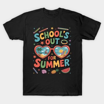 Black t-shirt with colorful "School's Out for Summer" graphic, featuring sunglasses and summer-themed icons.