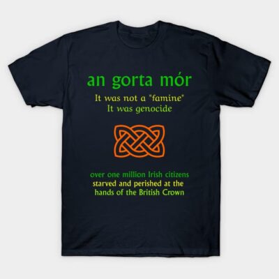 Black T-shirt with green and orange text design, highlighting historical message. Cotton fabric, casual wear.