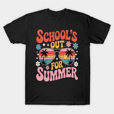 Black summer-themed t-shirt with colorful "School's Out for Summer" text and sunglasses print, casual cotton design.