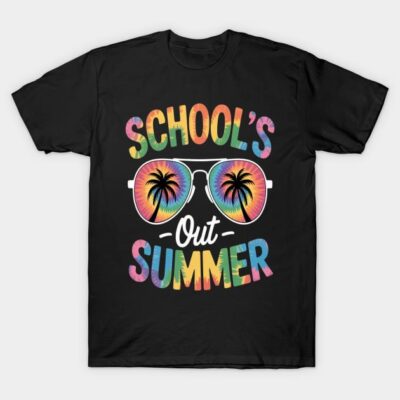Black t-shirt with "School's Out Summer" rainbow text and sunglasses graphic, casual summer apparel.