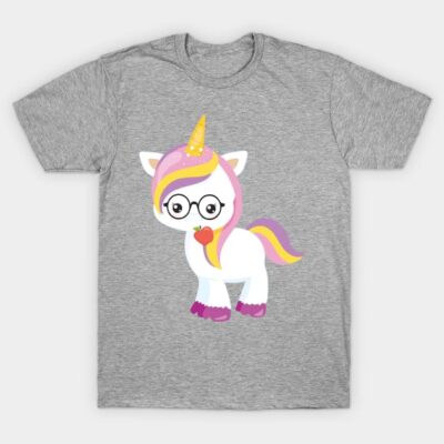 Gray T-shirt featuring a cute cartoon unicorn with glasses and colorful mane, perfect for casual wear and unicorn lovers.