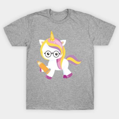 Gray t-shirt with cute unicorn graphic, pink and yellow mane, wearing glasses, holding pencil, cartoon style.