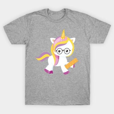 Gray t-shirt featuring a cute unicorn with glasses design, perfect for casual wear or gifting, soft cotton material.
