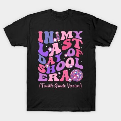 Black t-shirt with colorful "Last Day of School Era" design, perfect for fourth-grade students, casual wear.